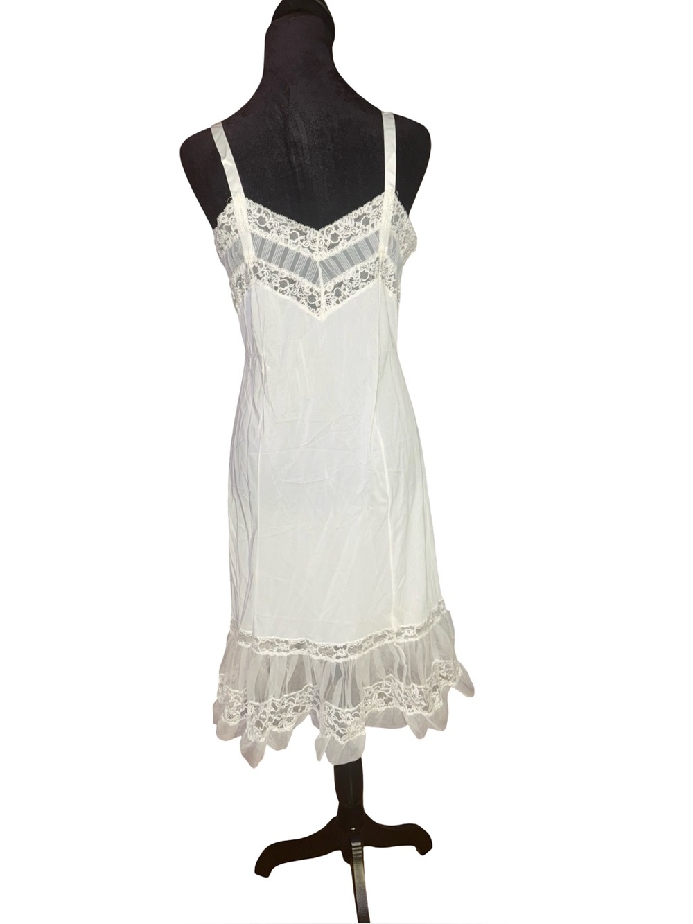VTG Ivory Lace Slip Dress Pleated Ruffle Hem Nylon Coquette Bridal
